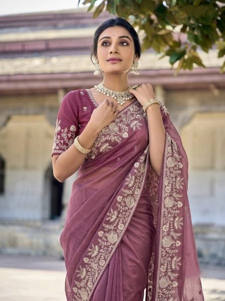 Mauve Wedding Special Pure Gabana Silk Saree with Heavy Embroidered Blouse at Reseller Silk Sarees Wholesale