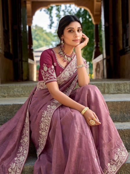 Mauve Wedding Special Pure Gabana Silk Saree with Heavy Embroidered Blouse at Reseller Silk Sarees Wholesale