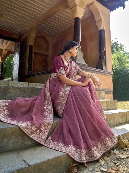 Mauve Wedding Special Pure Gabana Silk Saree with Heavy Embroidered Blouse at Reseller Silk Sarees Wholesale