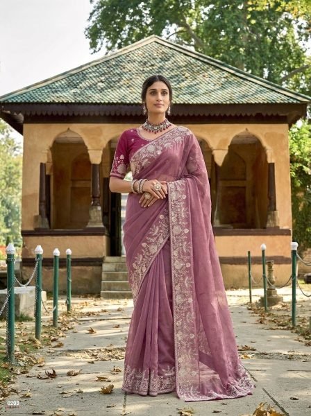 Mauve Wedding Special Pure Gabana Silk Saree with Heavy Embroidered Blouse at Reseller Silk Sarees Wholesale