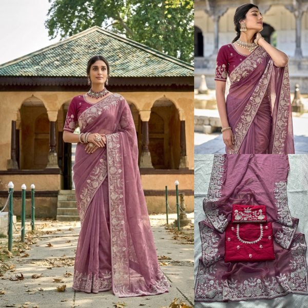 Mauve Wedding Special Pure Gabana Silk Saree with Heavy Embroidered Blouse at Reseller Silk Sarees Wholesale
