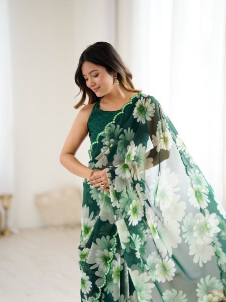 Meadow Bloom Green Georgette Saree with Mirror Border Best for Festive Day Wear at Reseller Price Sarees 