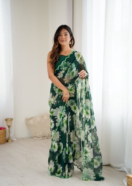 Meadow Bloom Green Georgette Saree with Mirror Border Best for Festive Day Wear at Reseller Price Printed Cotton Sarees Wholesale