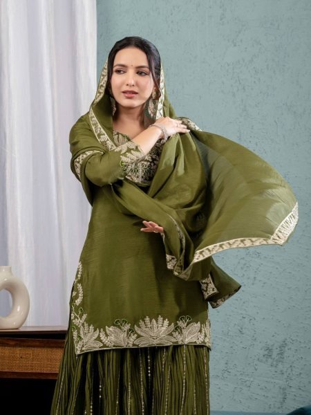 Mehendi Color Sharara Suit in Chinon With Sequence Embroidery and  Lace Dupatta for women  Ready To Wear Collection