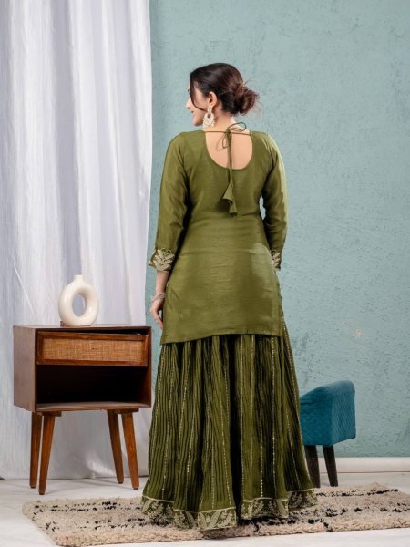 Mehendi Color Sharara Suit in Chinon With Sequence Embroidery and  Lace Dupatta for women  Ready To Wear Collection