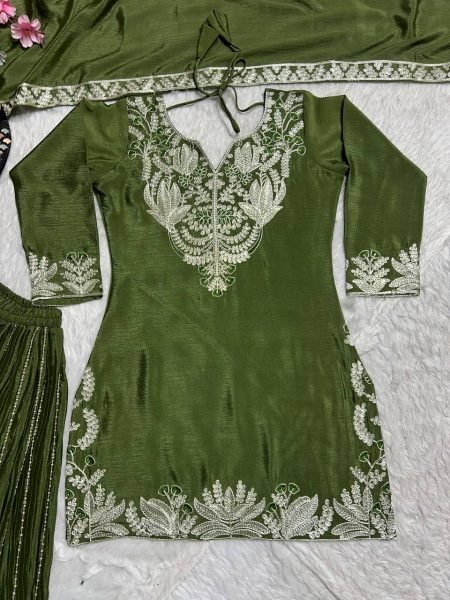 Mehendi Color Sharara Suit in Chinon With Sequence Embroidery and  Lace Dupatta for women  Ready To Wear Collection