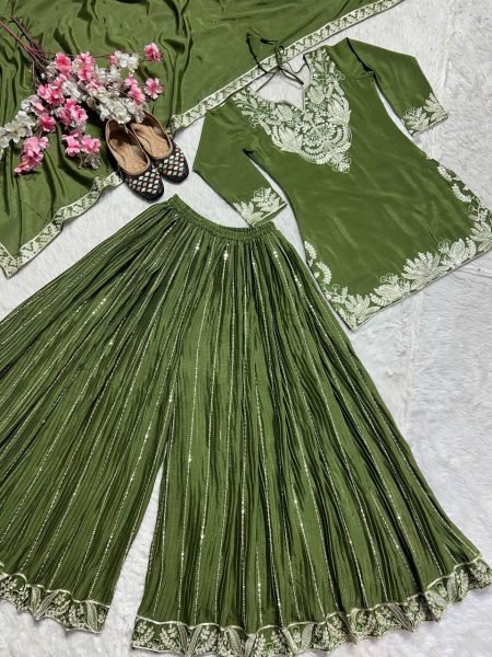 Mehendi Color Sharara Suit in Chinon With Sequence Embroidery and  Lace Dupatta for women  Ready To Wear Collection