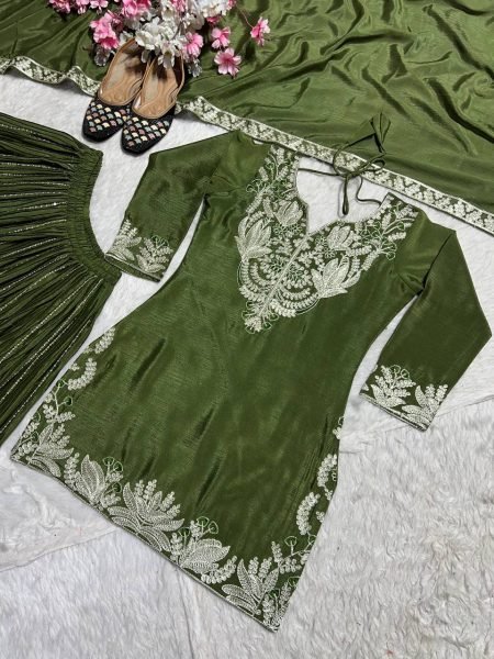 Mehendi Color Sharara Suit in Chinon With Sequence Embroidery and  Lace Dupatta for women  Ready To Wear Collection