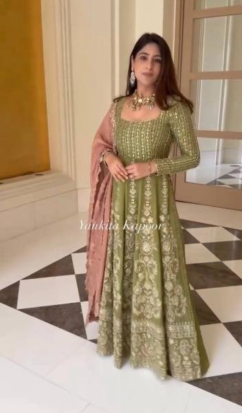 Mehendi Green Fox Georgette Embroidered Anarkali Suit Set At Sale Price Ready To Wear Collection