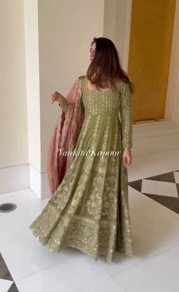 Mehendi Green Fox Georgette Embroidered Anarkali Suit Set At Sale Price Ready To Wear Collection