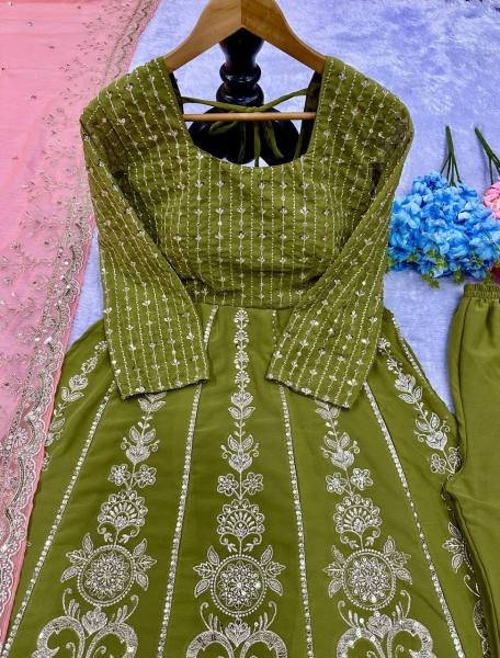 Mehendi Green Fox Georgette Embroidered Anarkali Suit Set At Sale Price Ready To Wear Collection