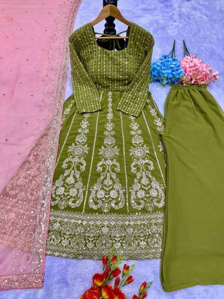 Mehendi Green Fox Georgette Embroidered Anarkali Suit Set At Sale Price Ready To Wear Collection