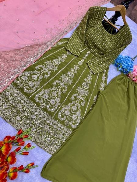 Mehendi Green Fox Georgette Embroidered Anarkali Suit Set At Sale Price Ready To Wear Collection