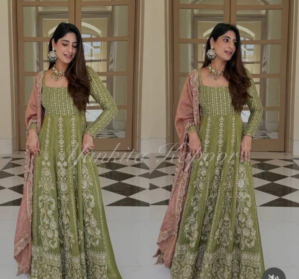 Mehendi Green Fox Georgette Embroidered Anarkali Suit Set At Sale Price Ready To Wear Collection