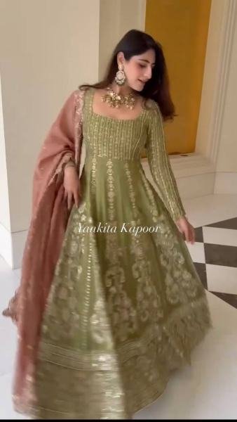 Mehendi Green Fox Georgette Embroidered Anarkali Suit Set At Sale Price Ready To Wear Collection