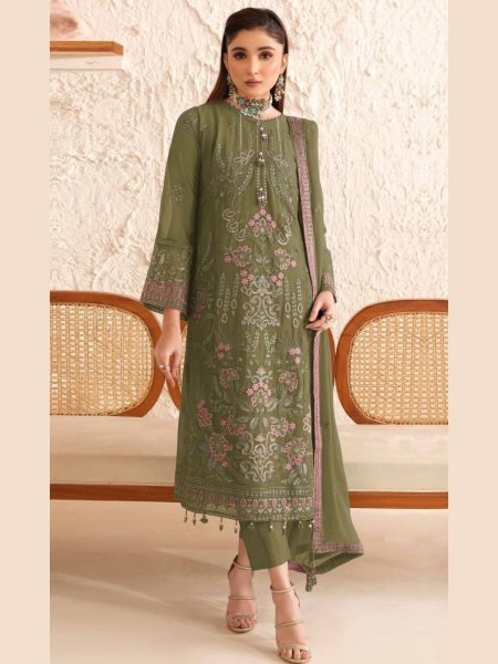 Mehendi Green Georgette Embroidered Sequins Straight Pant Suit Set  Salwar Kameez