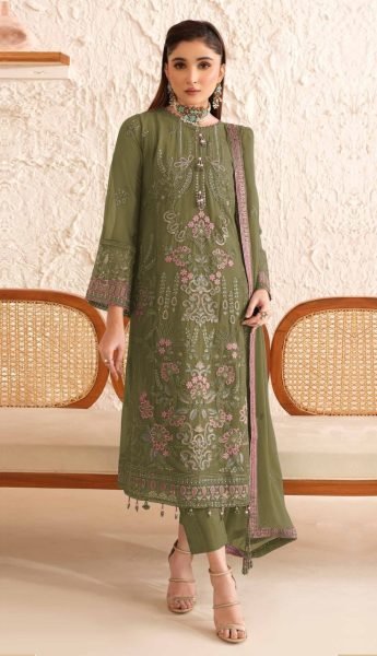 Mehendi Green Georgette Embroidered Sequins Straight Pant Suit Set  Pakistani Suits Wholesale