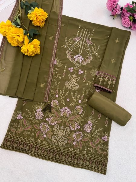Mehendi Green Georgette Embroidered Sequins Straight Pant Suit Set  Pakistani Suits Wholesale