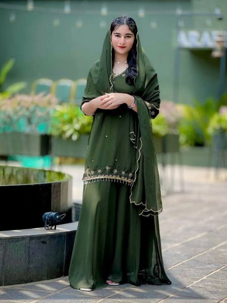 Mehendi Green Georgette Sharara Set with Dupatta Fully Stitched Designer Look Ready To Wear Suit