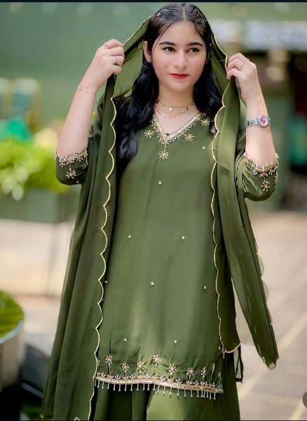 Mehendi Green Georgette Sharara Set with Dupatta Fully Stitched Designer Look Ready To Wear Collection