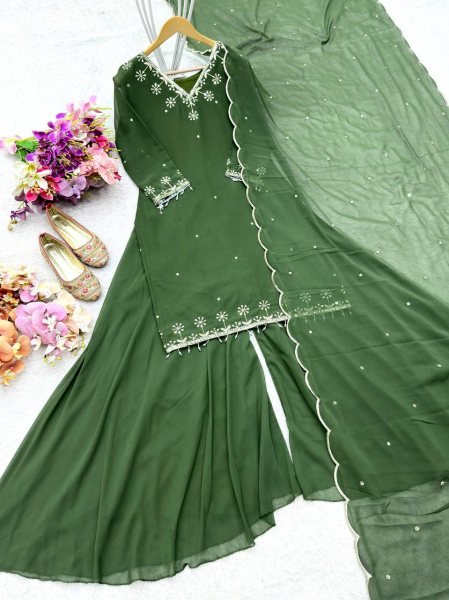Mehendi Green Georgette Sharara Set with Dupatta Fully Stitched Designer Look Ready To Wear Collection