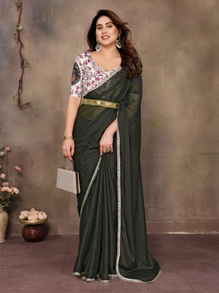 Mehendi Green Mirror Work Saree in Star Georgette Traditional Festive Look Sarees 