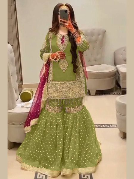 Nikkah Green Pakistani Sharara Suit in Georgette Hand Embroidery with Luxe Dupatta Salwar Kameez