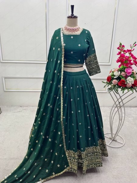 Mehendi Perfect Emerald Chinon Lehenga Choli with Heavy Sequins Wedding Ready Style  Lehenga