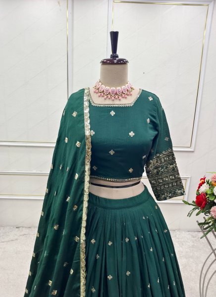 Mehendi Perfect Emerald Chinon Lehenga Choli with Heavy Sequins Wedding Ready Style Designer Lehenga Choli