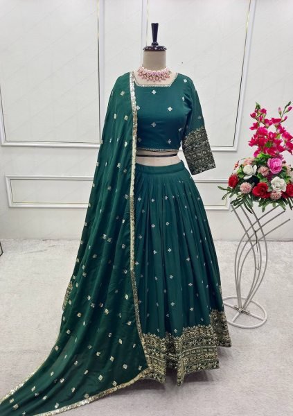 Mehendi Perfect Emerald Chinon Lehenga Choli with Heavy Sequins Wedding Ready Style Designer Lehenga Choli