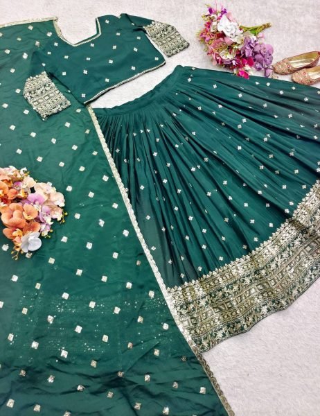 Mehendi Perfect Emerald Chinon Lehenga Choli with Heavy Sequins Wedding Ready Style Designer Lehenga Choli