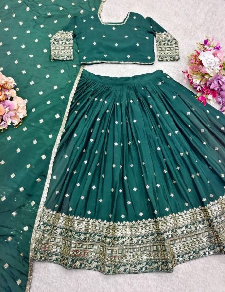 Mehendi Perfect Emerald Chinon Lehenga Choli with Heavy Sequins Wedding Ready Style Designer Lehenga Choli