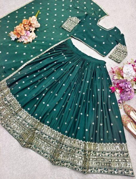 Mehendi Perfect Emerald Chinon Lehenga Choli with Heavy Sequins Wedding Ready Style Designer Lehenga Choli