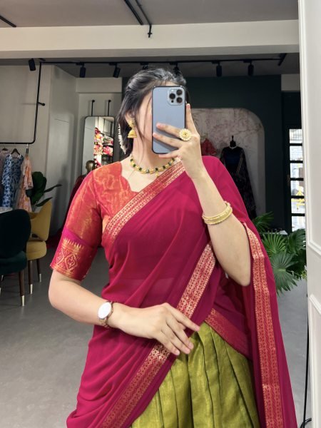 Mehndi Banarasi Art Silk Lehenga Choli with Georgette Lace Dupatta  Half Saree Lehenga