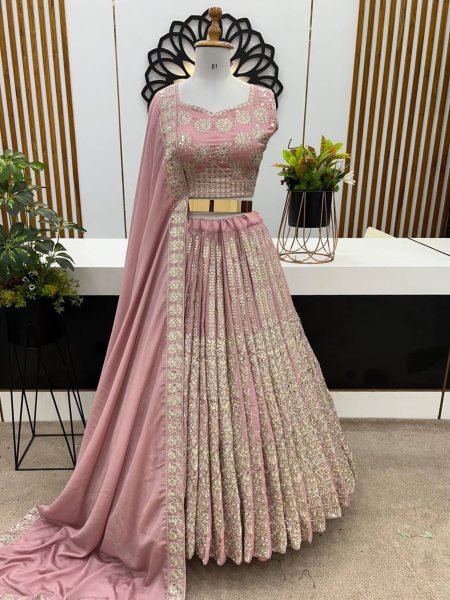 Mehndi Celebration Edit in Light Pink Chinnon Lehenga with Sequins   Latkan Charm