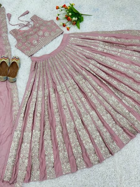 Mehndi Celebration Edit in Light Pink Chinnon Lehenga with Sequins   Latkan Charm Designer Lehenga Choli