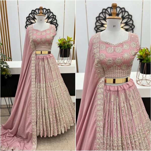Mehndi Celebration Edit in Light Pink Chinnon Lehenga with Sequins   Latkan Charm Designer Lehenga Choli