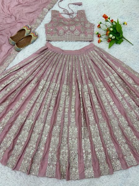 Mehndi Celebration Edit in Light Pink Chinnon Lehenga with Sequins   Latkan Charm Designer Lehenga Choli