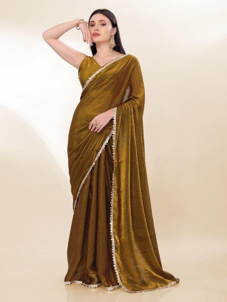 Mehndi Color Fendi Silk Shining Saree With Fancy Lace Broder and Blouse At Best Rate Silk Sarees Wholesale