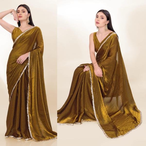 Mehndi Color Fendi Silk Shining Saree With Fancy Lace Broder and Blouse At Best Rate Silk Sarees Wholesale
