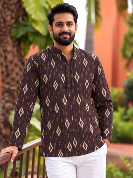 Men Brown Cotton Printed Short Kurta with Full Sleeves 
