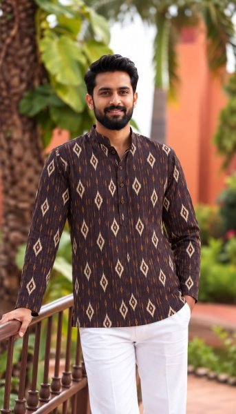 Men Brown Cotton Printed Short Kurta with Full Sleeves Mens Short Kurta