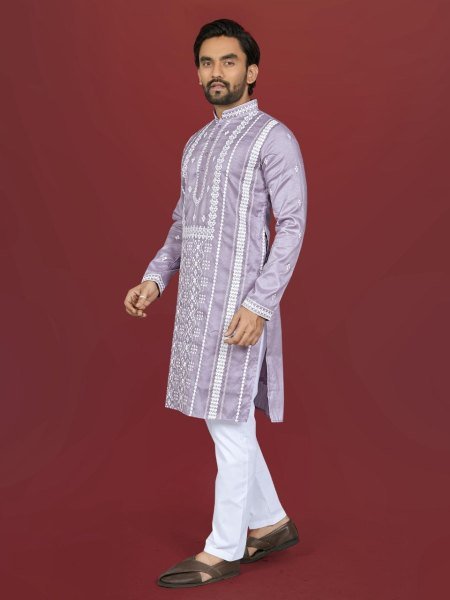 Men Lavender Straight Fit Silk Blend Kurta with Heavy White Embroidery Kurta Pajama Wholesale