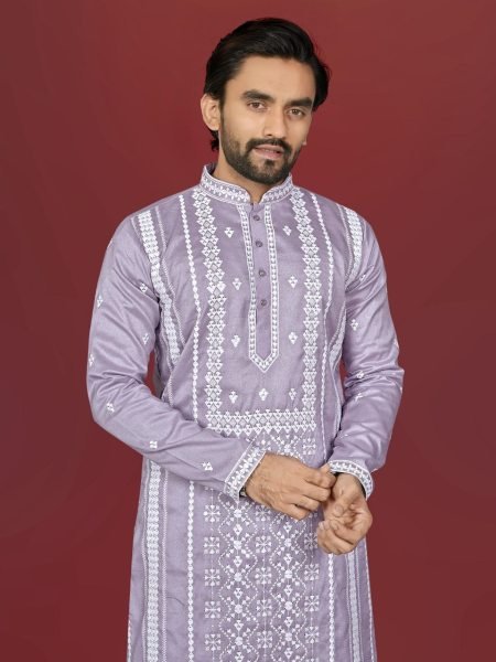 Men Lavender Straight Fit Silk Blend Kurta with Heavy White Embroidery Kurta Pajama Wholesale