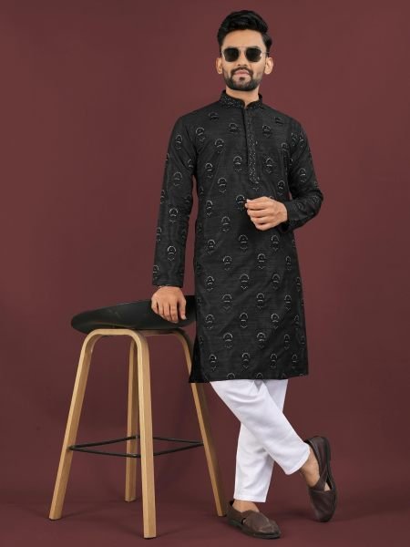 Men   s Black Banglory Silk Kurta Pyjama Set with Sequin Embroidery at Wholesale  
