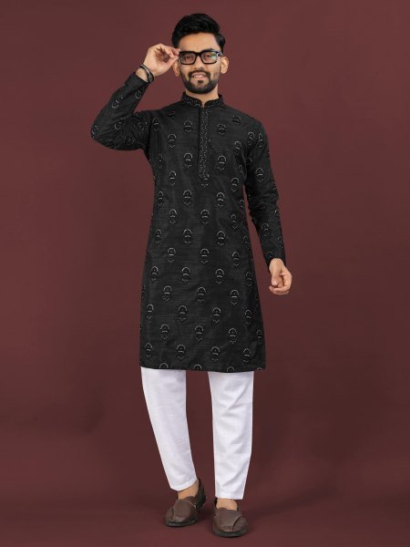 Men   s Black Banglory Silk Kurta Pyjama Set with Sequin Embroidery at Wholesale  Kurta Pajama Wholesale
