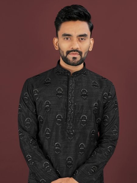 Men   s Black Banglory Silk Kurta Pyjama Set with Sequin Embroidery at Wholesale  Kurta Pajama Wholesale