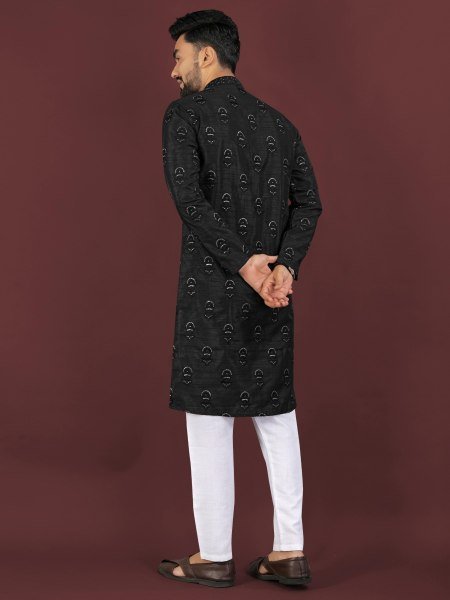 Men   s Black Banglory Silk Kurta Pyjama Set with Sequin Embroidery at Wholesale  Kurta Pajama Wholesale