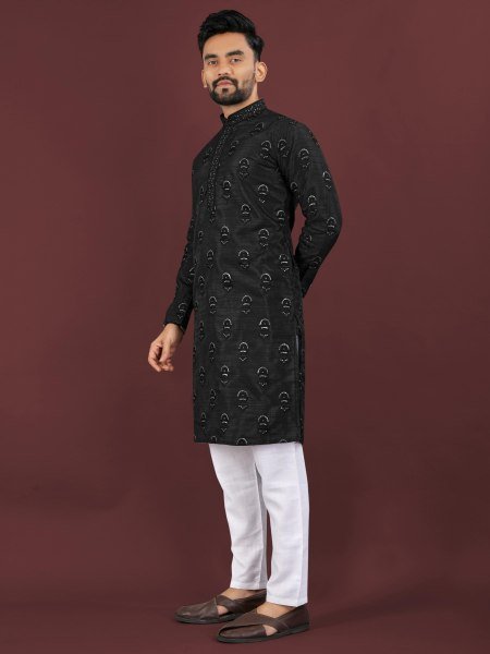 Men   s Black Banglory Silk Kurta Pyjama Set with Sequin Embroidery at Wholesale  Kurta Pajama Wholesale
