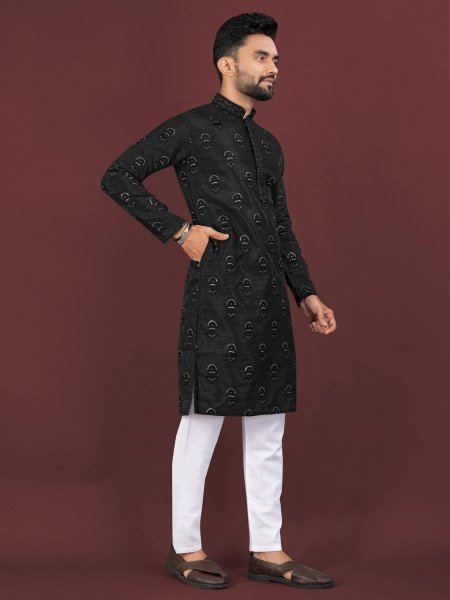 Men   s Black Banglory Silk Kurta Pyjama Set with Sequin Embroidery at Wholesale  Kurta Pajama Wholesale